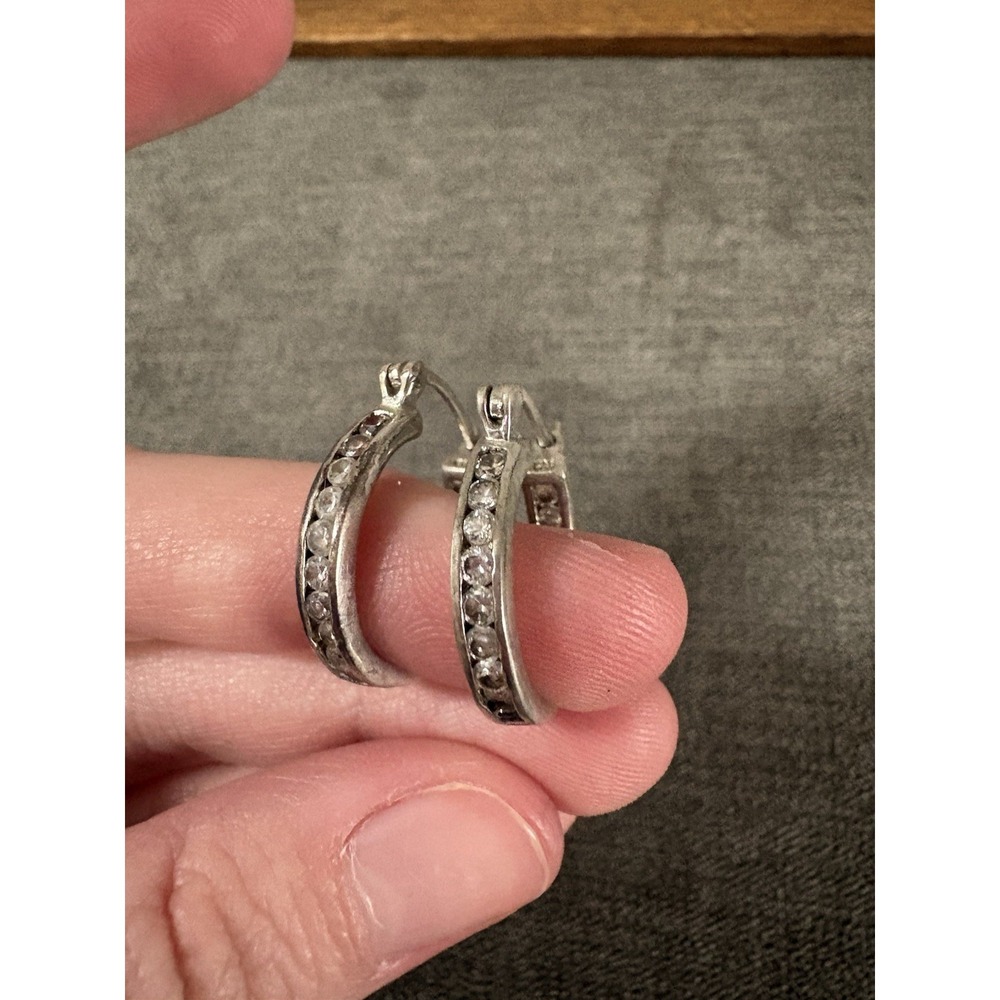 Sterling Silver 925 In and Out Brilliant Channel Set Rhinestones Huggie Hoops